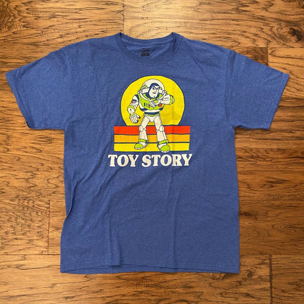 Disney Toy Story Graphic T-Shirt Mens Large Blue Buzz Lightyear Retro Sunset Tee